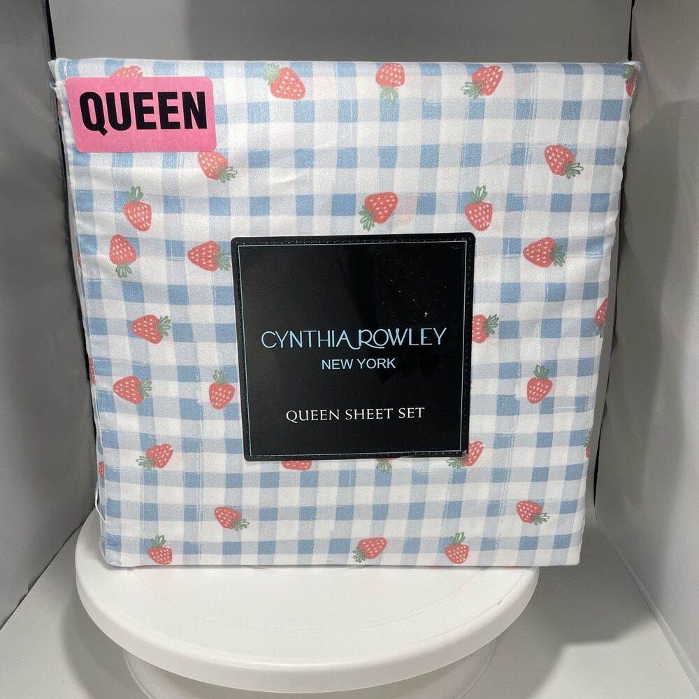 Cynthia Rowley Queen Sheet Set Strawberry Gingham Blue Microfiber New
